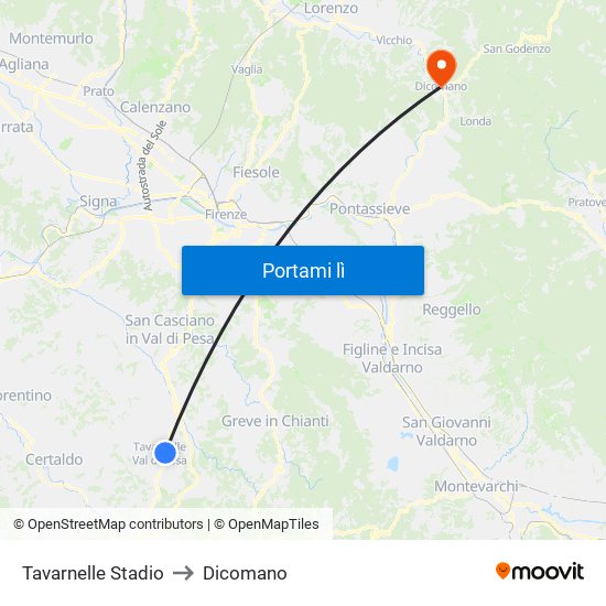 Tavarnelle Stadio to Dicomano map