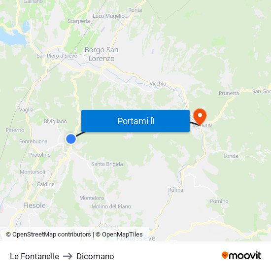 Le Fontanelle to Dicomano map
