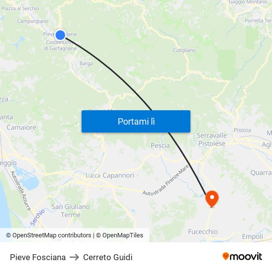Pieve Fosciana to Cerreto Guidi map