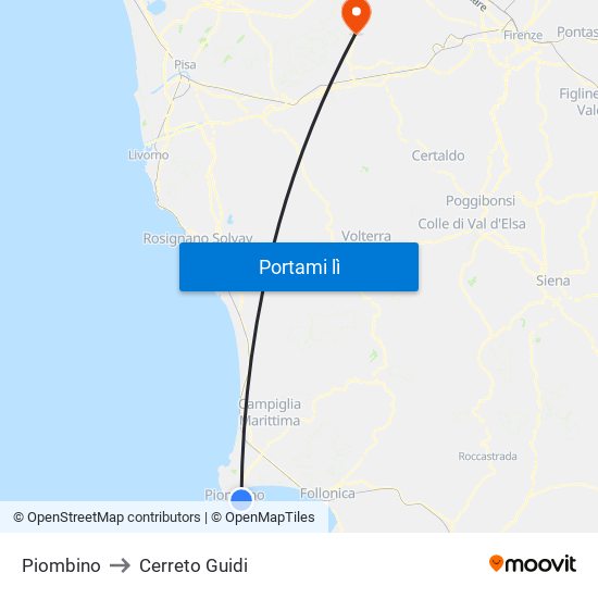 Piombino to Cerreto Guidi map