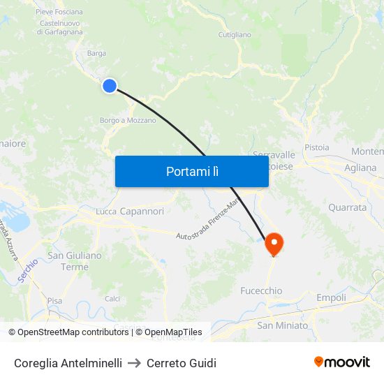 Coreglia Antelminelli to Cerreto Guidi map