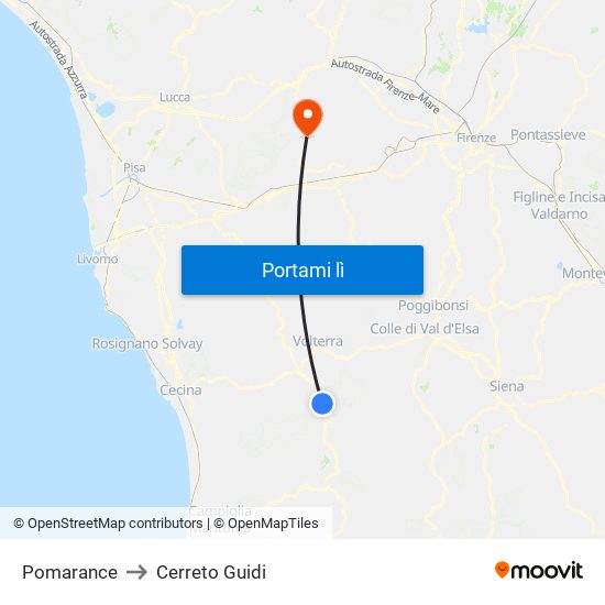 Pomarance to Cerreto Guidi map