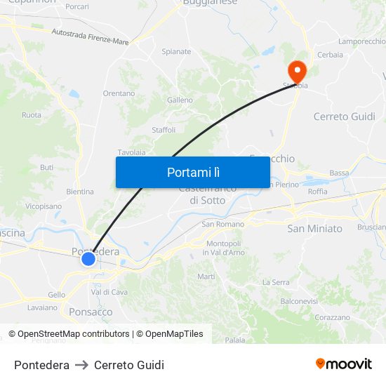 Pontedera to Cerreto Guidi map