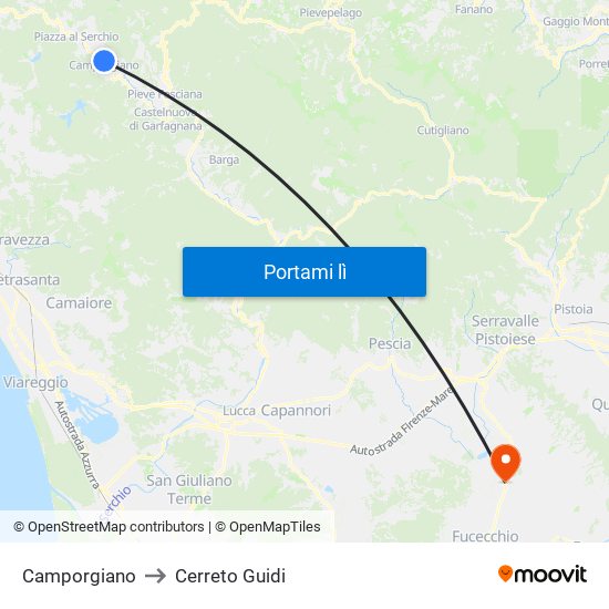 Camporgiano to Cerreto Guidi map