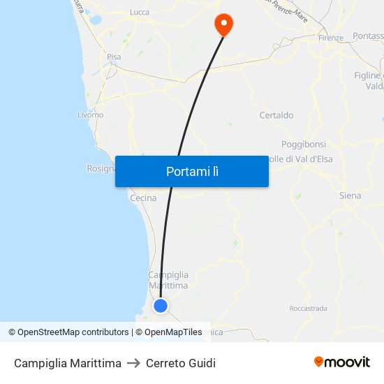 Campiglia Marittima to Cerreto Guidi map