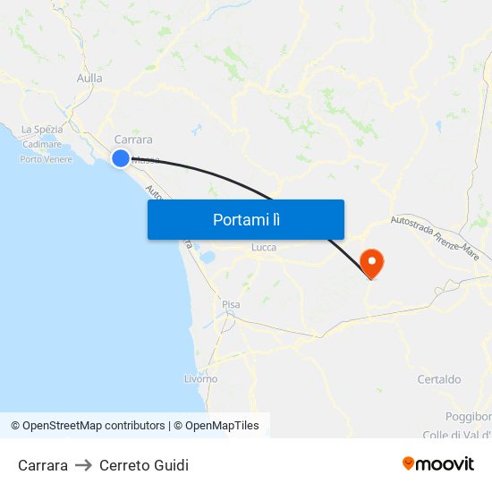 Carrara to Cerreto Guidi map