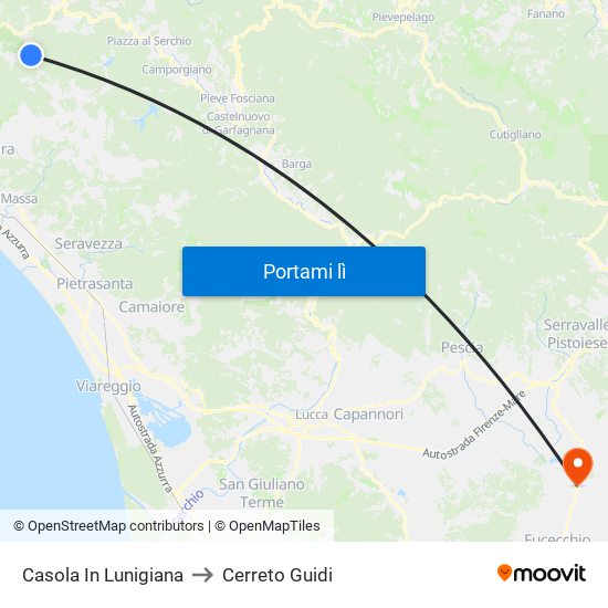 Casola In Lunigiana to Cerreto Guidi map