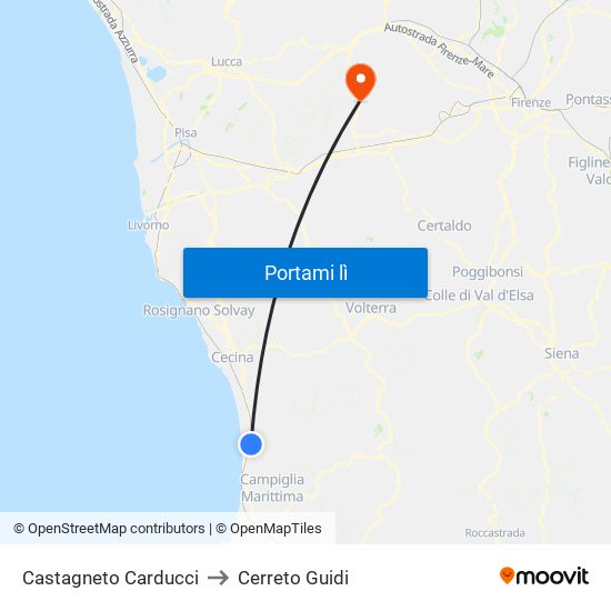 Castagneto Carducci to Cerreto Guidi map