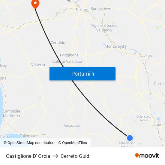 Castiglione D' Orcia to Cerreto Guidi map