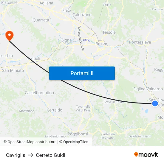 Cavriglia to Cerreto Guidi map