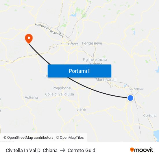 Civitella In Val Di Chiana to Cerreto Guidi map