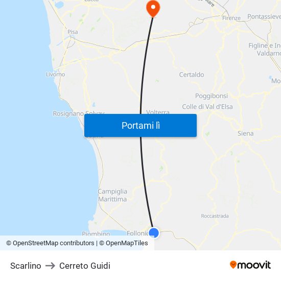 Scarlino to Cerreto Guidi map