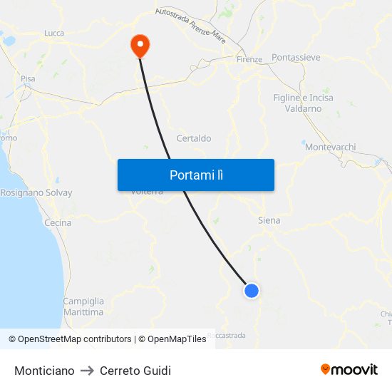 Monticiano to Cerreto Guidi map