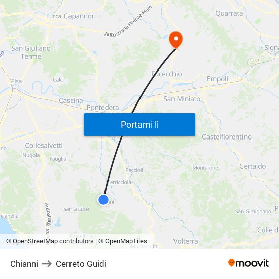 Chianni to Cerreto Guidi map