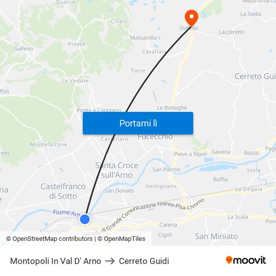 Montopoli In Val D' Arno to Cerreto Guidi map