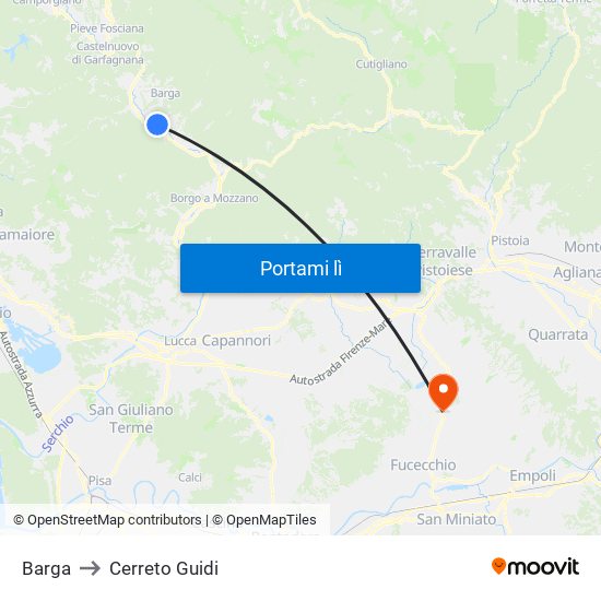 Barga to Cerreto Guidi map