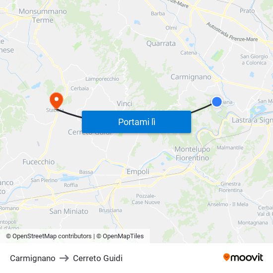 Carmignano to Cerreto Guidi map
