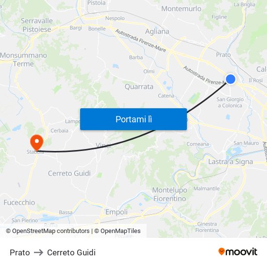 Prato to Cerreto Guidi map