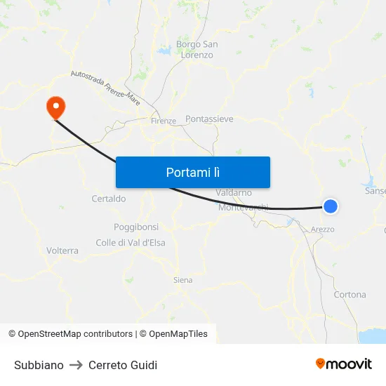 Subbiano to Cerreto Guidi map