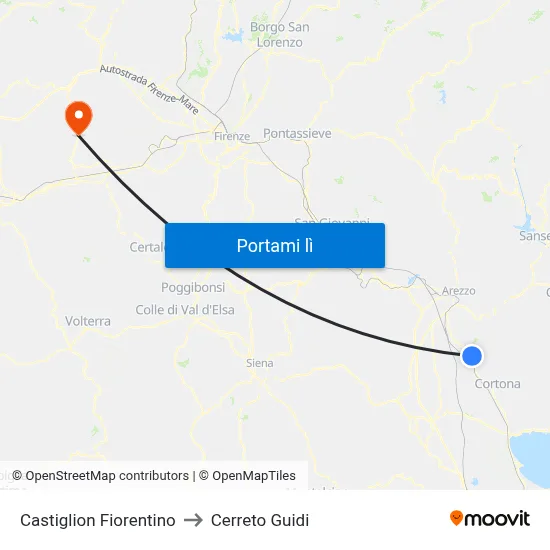 Castiglion Fiorentino to Cerreto Guidi map