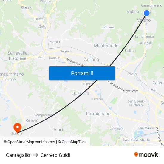 Cantagallo to Cerreto Guidi map