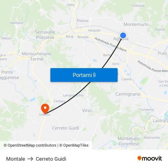 Montale to Cerreto Guidi map