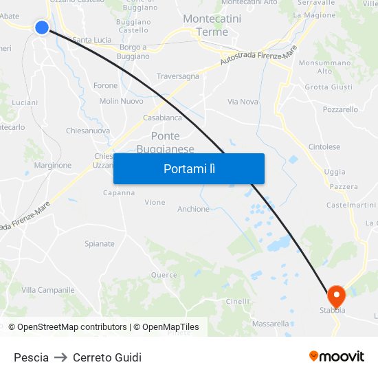 Pescia to Cerreto Guidi map