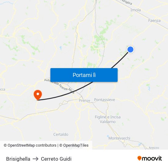 Brisighella to Cerreto Guidi map