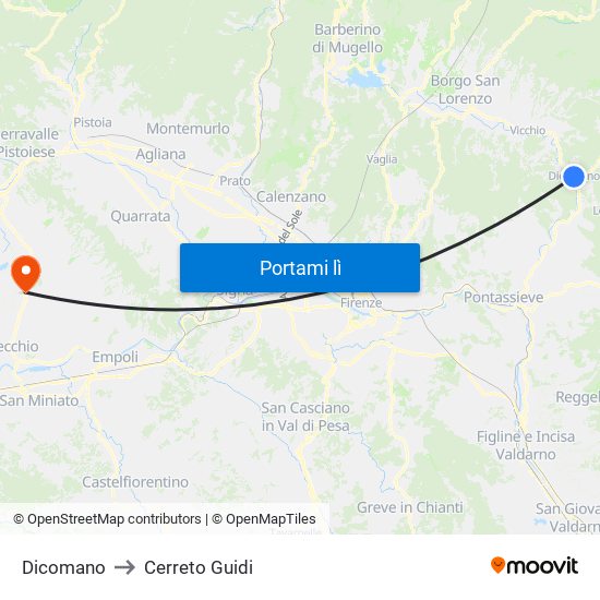 Dicomano to Cerreto Guidi map