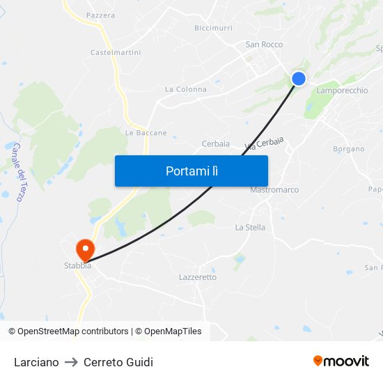 Larciano to Cerreto Guidi map