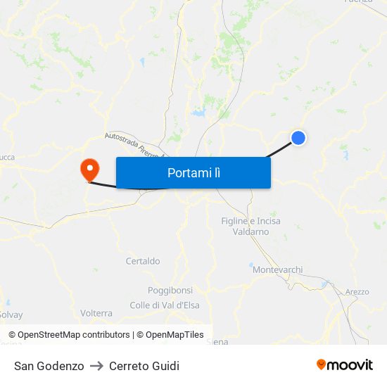 San Godenzo to Cerreto Guidi map