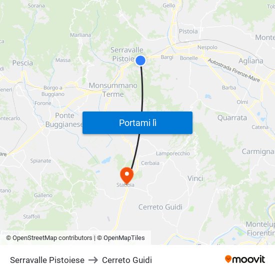 Serravalle Pistoiese to Cerreto Guidi map