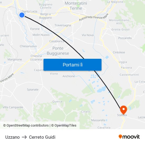 Uzzano to Cerreto Guidi map