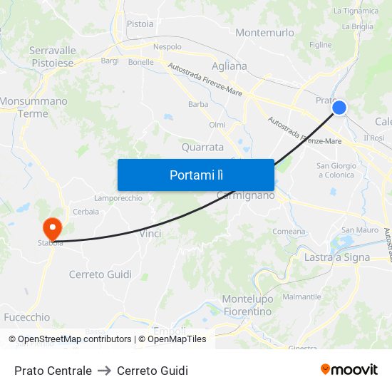 Prato Centrale to Cerreto Guidi map