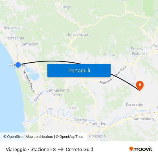 Viareggio Stazione FS to Cerreto Guidi map