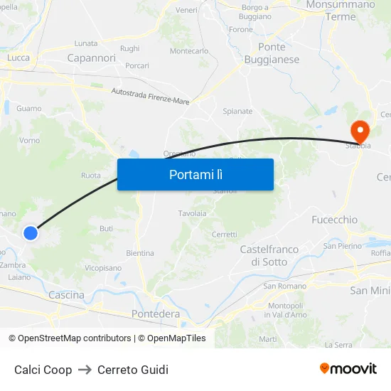 Calci Coop to Cerreto Guidi map