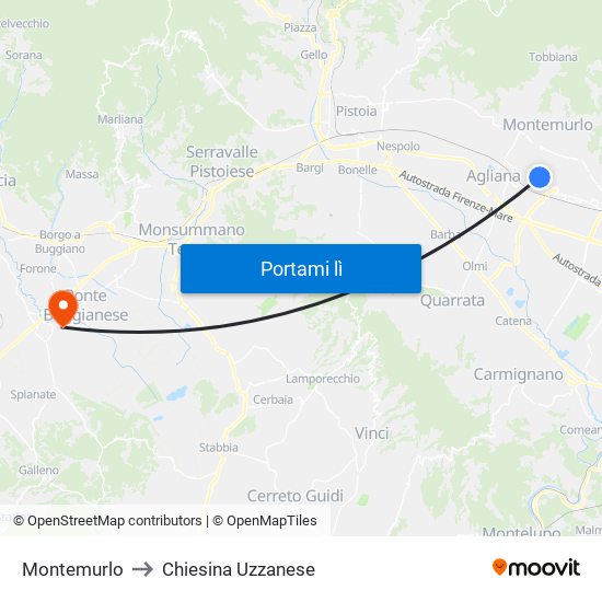 Montemurlo to Chiesina Uzzanese map