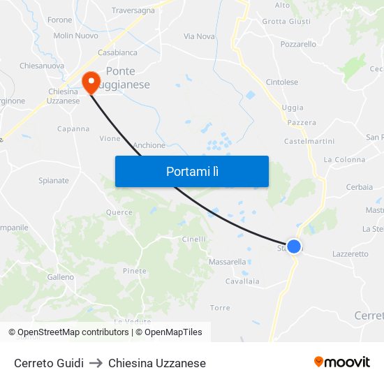 Cerreto Guidi to Chiesina Uzzanese map