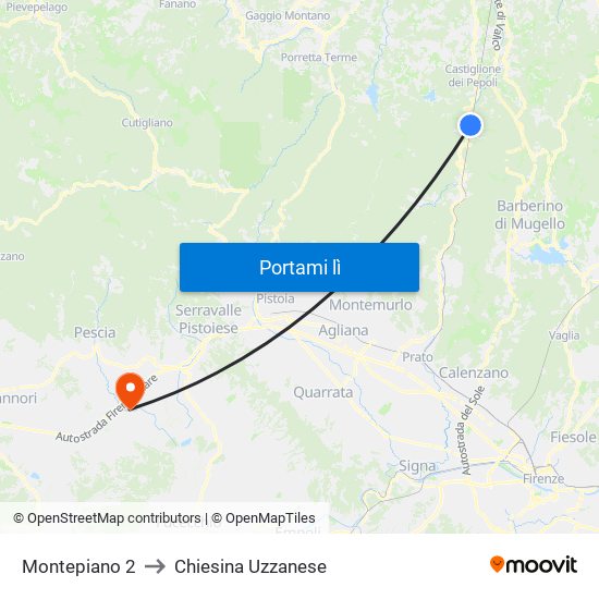 Montepiano 2 to Chiesina Uzzanese map