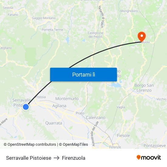 Serravalle Pistoiese to Firenzuola map
