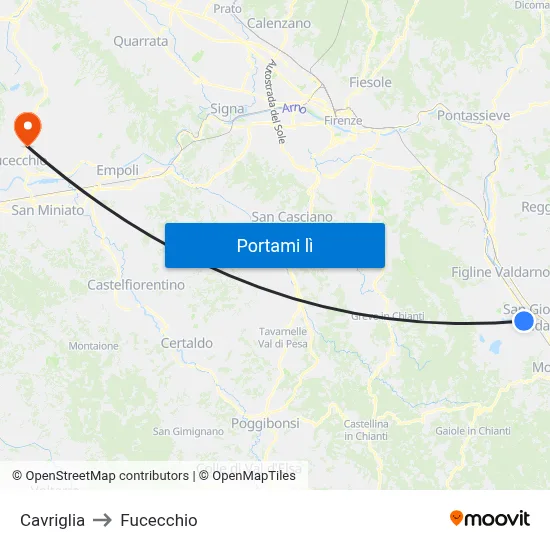 Cavriglia to Fucecchio map