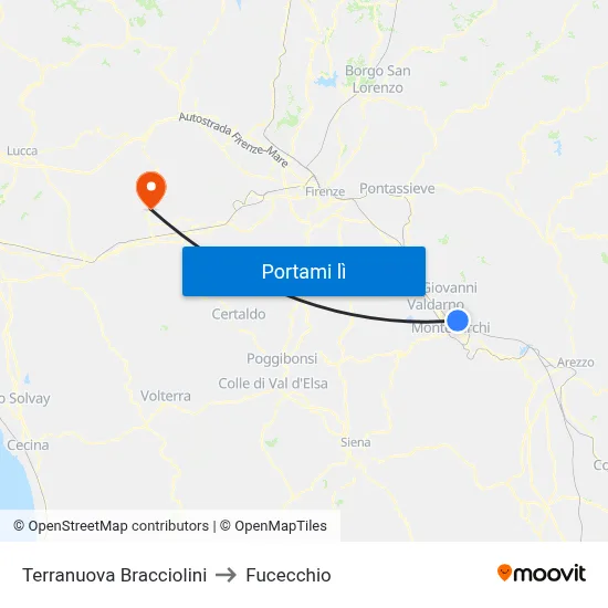 Terranuova Bracciolini to Fucecchio map