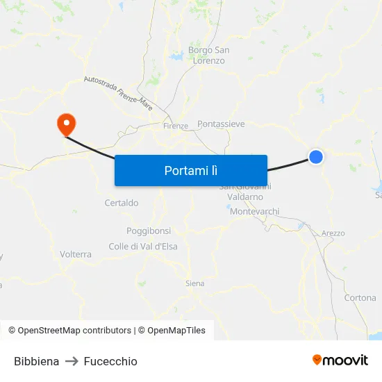 Bibbiena to Fucecchio map