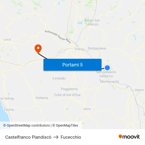 Castelfranco Piandiscò to Fucecchio map
