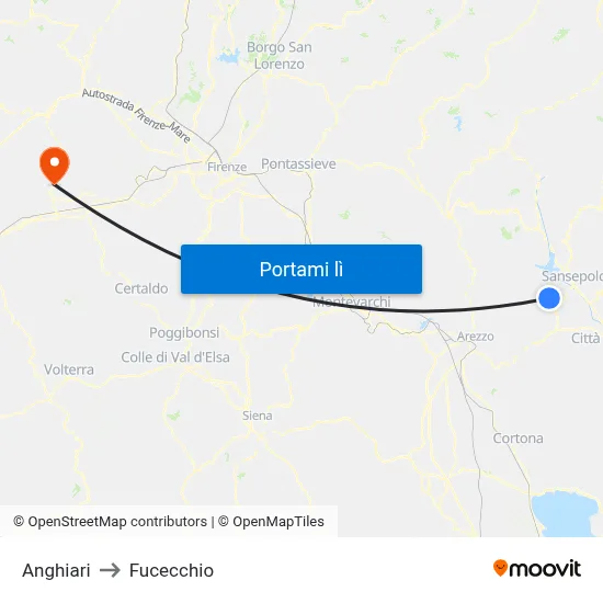 Anghiari to Fucecchio map