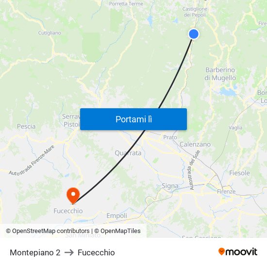 Montepiano 2 to Fucecchio map