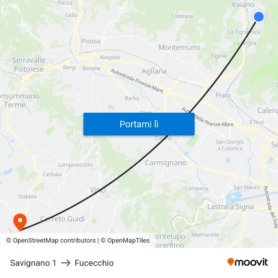 Savignano 1 to Fucecchio map
