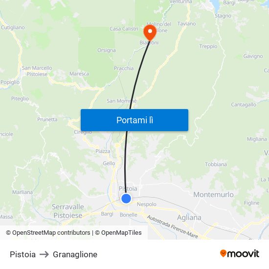 Pistoia to Granaglione map