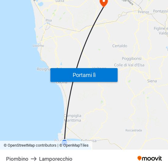Piombino to Lamporecchio map