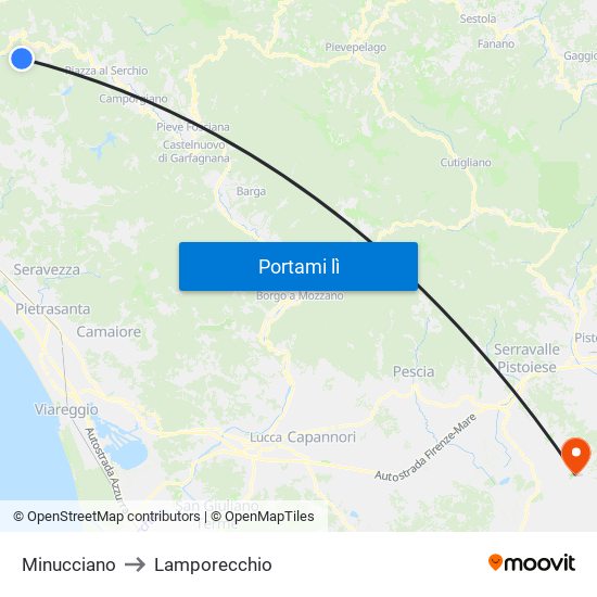 Minucciano to Lamporecchio map